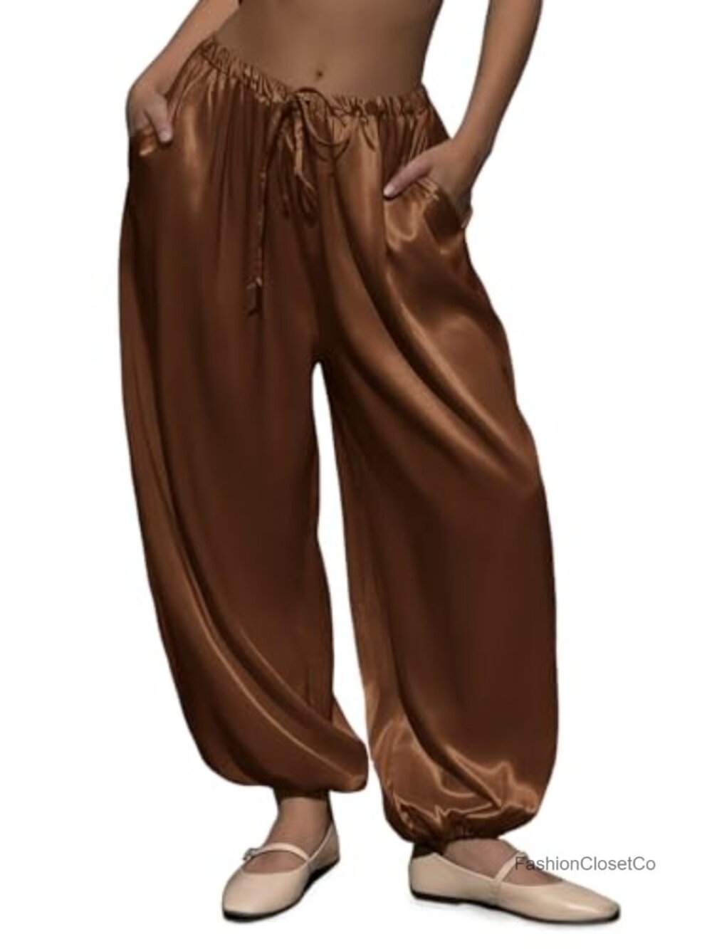 Women's Satin Harem Pants Baggy Barrel Leg Elastic Waist Drawstring Workout